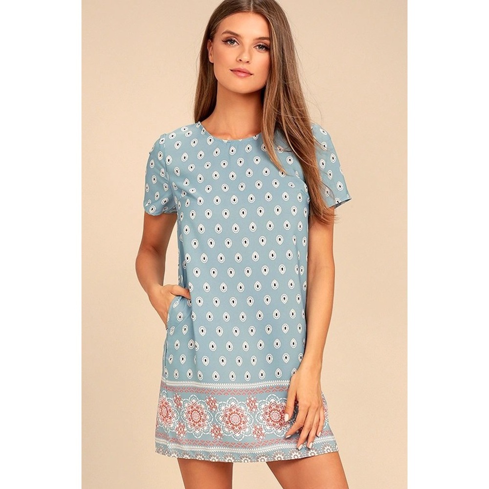 Lulus Secret Paradise Blue Print Shift Dress Short Sleeve Boho Floral XS